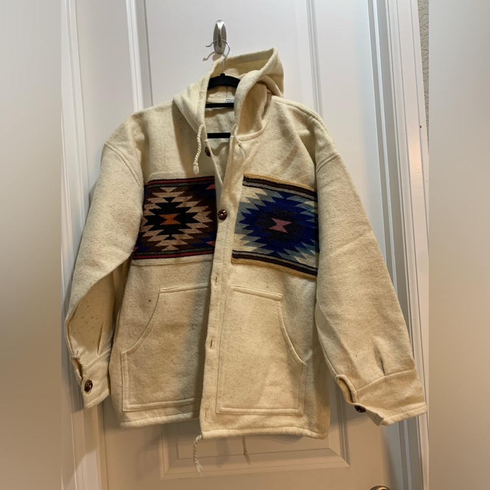 Vintage Cardigan Jacket Woollen Hoodie Native American Print Large See Photos